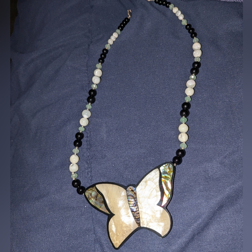 Lee Sands Mother of Pearl Inlay Butterfly Necklace